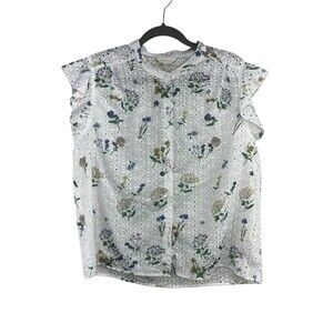 A DIVA White Floral Eyelet Button Down Blouse Flutter Cap Sleeves Womens XL